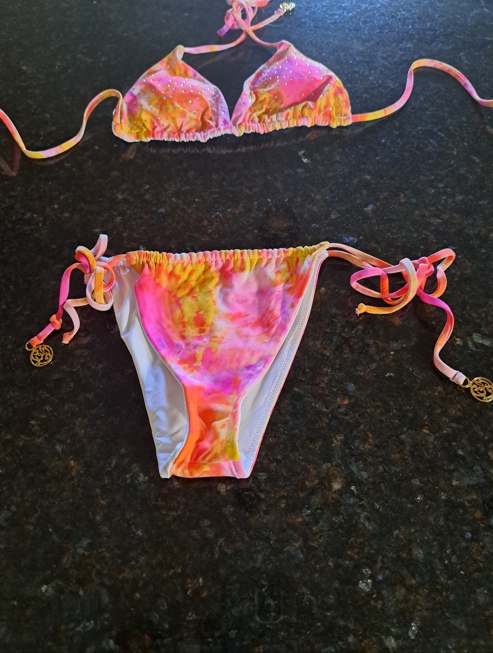 Luli Fama 2 Peaces Tie-Dye Pink Orange Yellow Rhinestone Swem Wear Size: S - Picture 2 of 7